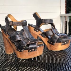 Bed Stu black leather wooden wedge heel